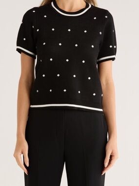 🔶3/$50🔶 Adrianna Papell Black Knit Short-Sleeve crew-neck Top, White polkadot